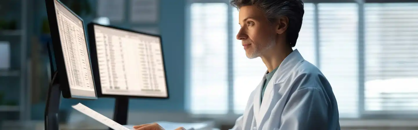 A person in a white lab coat working on two computer monitors, analyzing data in a well-lit office.