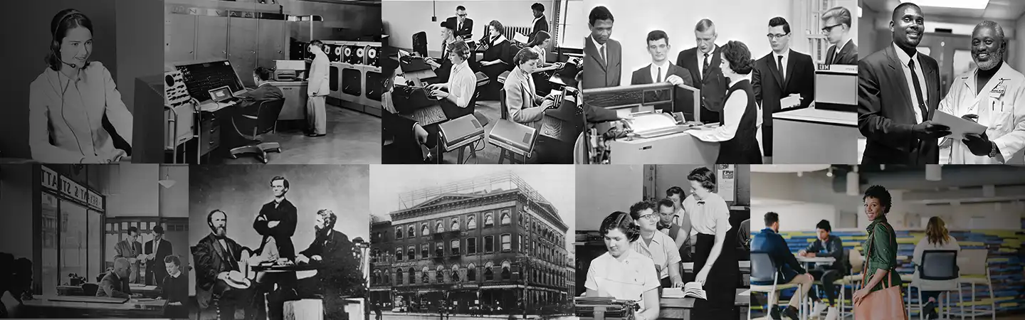 Historical collage of diverse people working in technology, computing, and education settings, spanning several decades.
