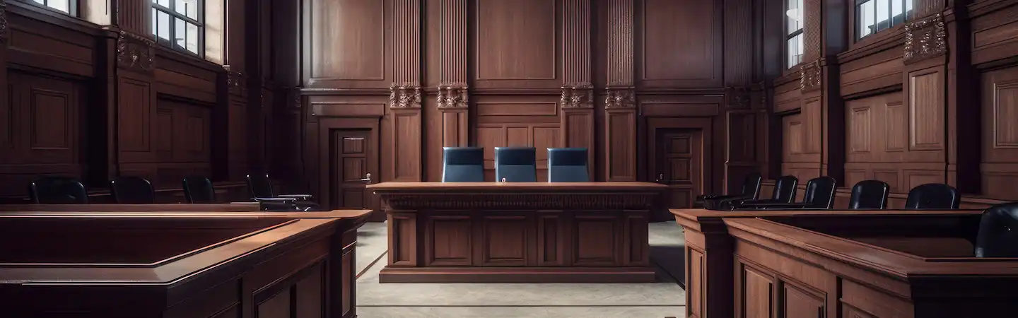 A courtroom with wooden furnishings, three judge's chairs at the front, and empty benches for attendees on both sides.