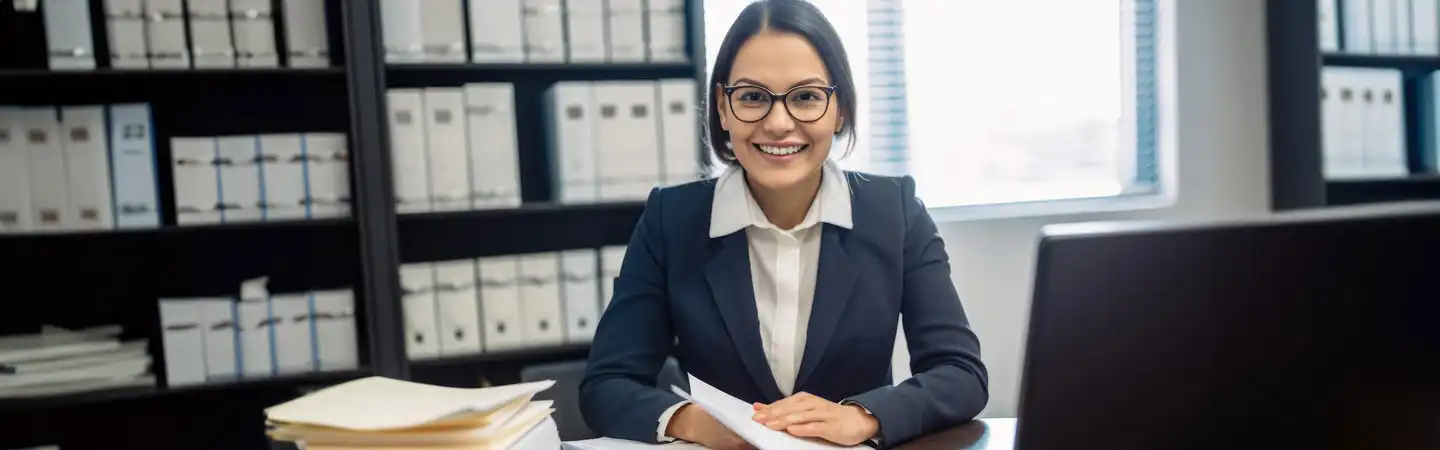Smiling woman in a suit sits at a desk with documents, in an office lined with shelves filled with binders.