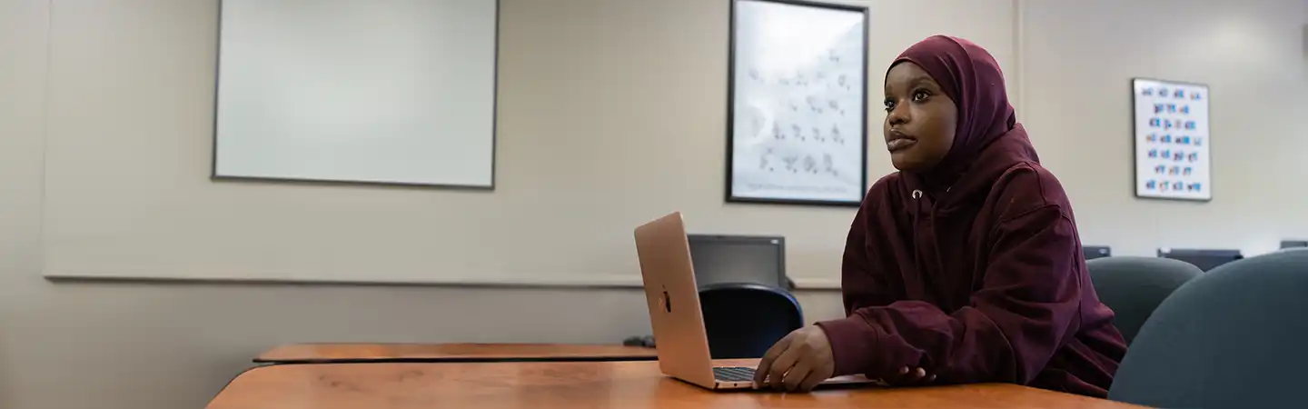 Person in a maroon hoodie working on a laptop at a desk in a classroom with framed posters on the walls.